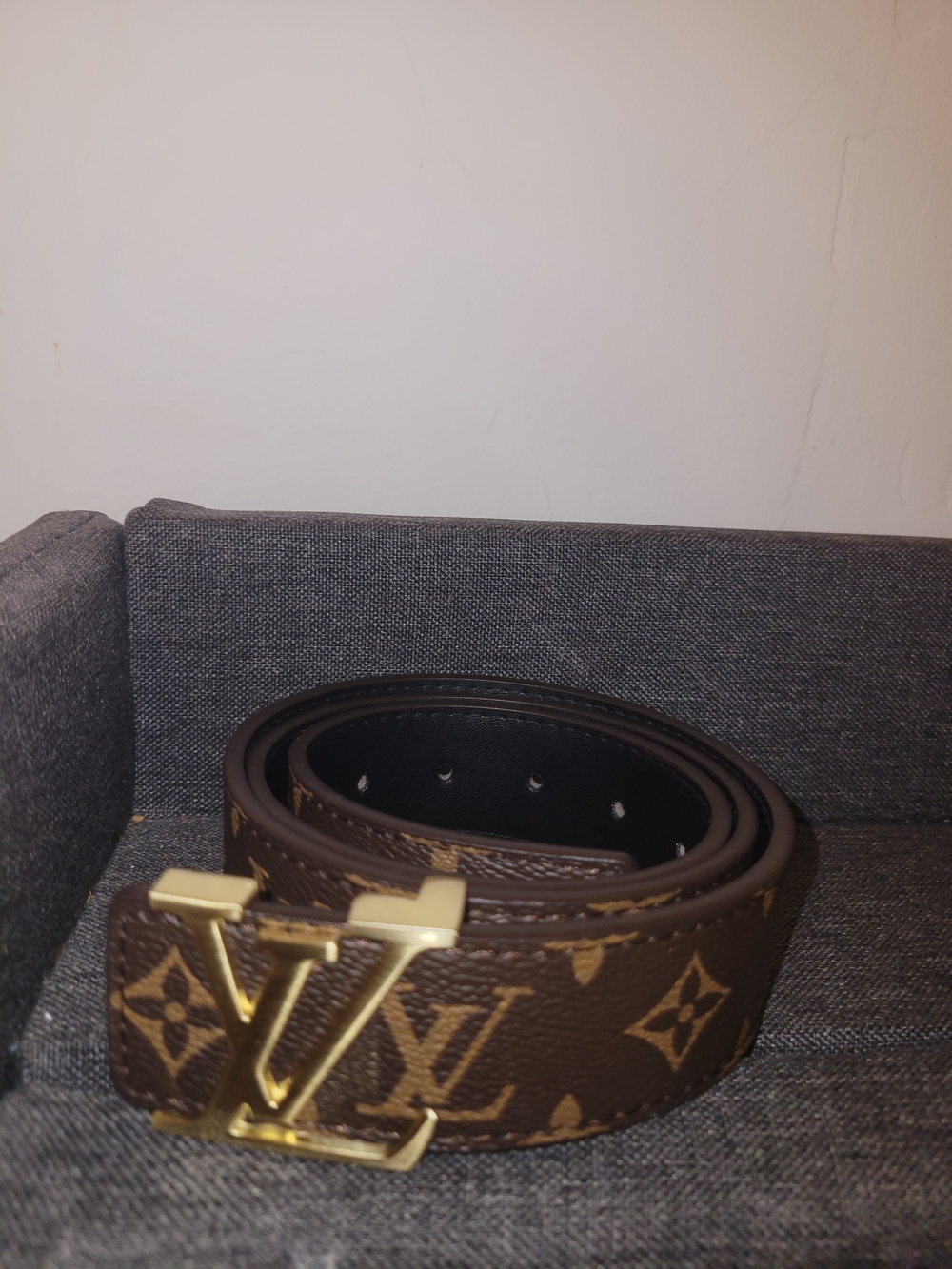 Brown Monogram Leather Men's Belt with Gold Buckle